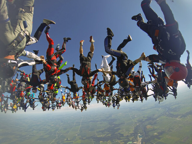 Example of an ergodic process involving the law of gravity. Picture of group sky diving.