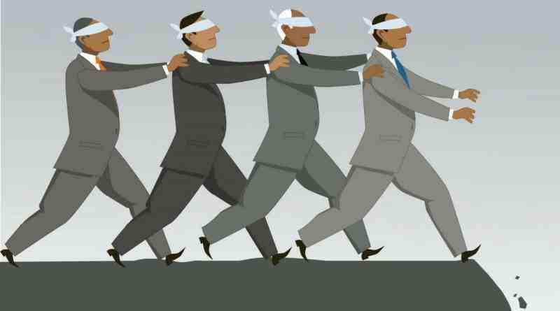 How To Avoid Herd Mentality - How To Stay Far From The Madding Crowd. Image of blindfolded businessmen walking off a cliff like lemmings.