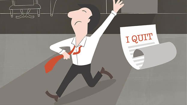 Knowing When To Quit. 3 Key Questions To Shape Your Quitting Criteria. Cartoon of a man flouncing out of an office saying dramatically "I quit!".
